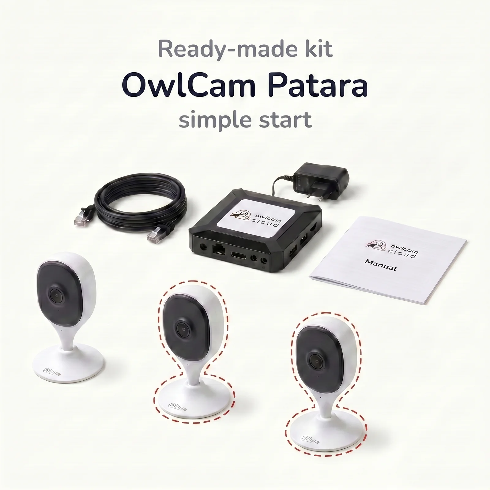 Ready-to-use OwlCam Cloud video surveillance kit — IP camera, OwlBox, cables, price from 300 GEL