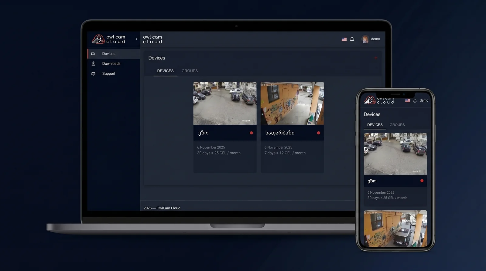 OwlCam Cloud personal account interface — viewing cameras in real time from a phone and a computer